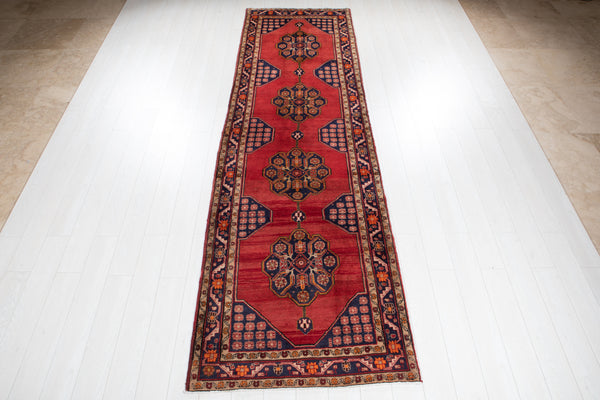 12' 3" x 3' 6" Excellent Hand-Knotted Vintage Red Tribal Runner Rug - Yasi & Fara 
