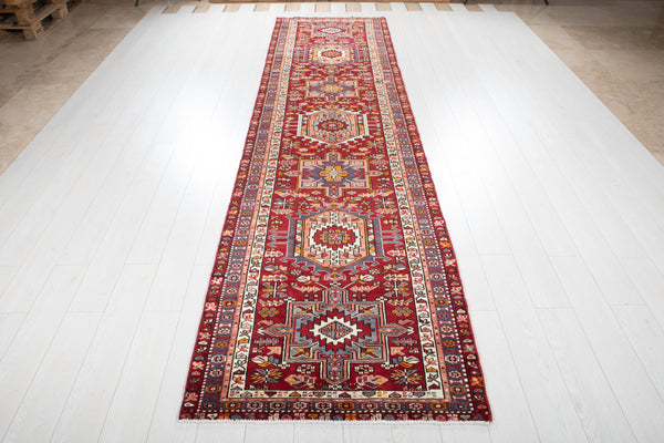 12' 8" x 3' 2" Excellent Hand-Knotted Vintage Geometric Tribal Runner Rug - Yasi & Fara 