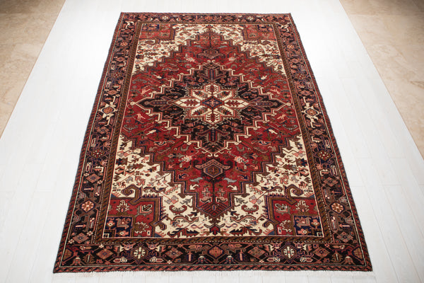 9' 7" x 6' 10" Excellent Hand-Knotted Vintage Red Geometric Area Rug - Yasi & Fara 