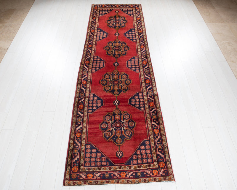 12' 3" x 3' 6" Excellent Hand-Knotted Vintage Red Tribal Runner Rug - Yasi & Fara 