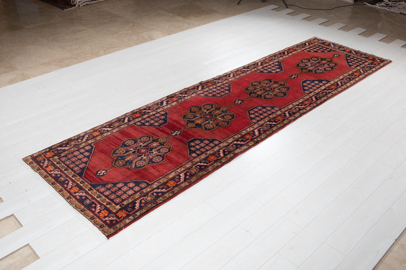 12' 3" x 3' 6" Excellent Hand-Knotted Vintage Red Tribal Runner Rug - Yasi & Fara 