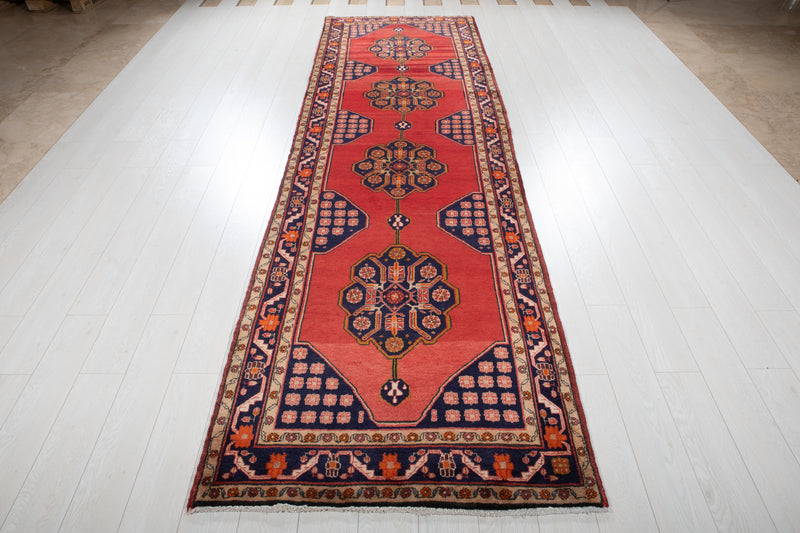 12' 3" x 3' 6" Excellent Hand-Knotted Vintage Red Tribal Runner Rug - Yasi & Fara 