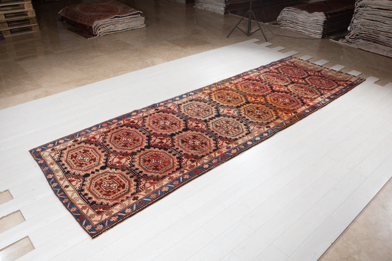 14' x 4' 4" Excellent Hand-Knotted Vintage Tribal Runner Rug - Yasi & Fara 
