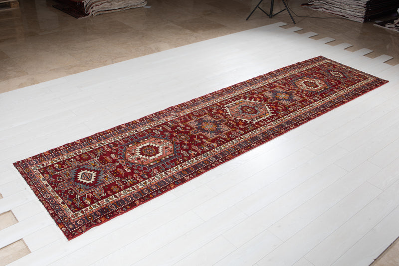 12' 8" x 3' 2" Excellent Hand-Knotted Vintage Geometric Tribal Runner Rug - Yasi & Fara 
