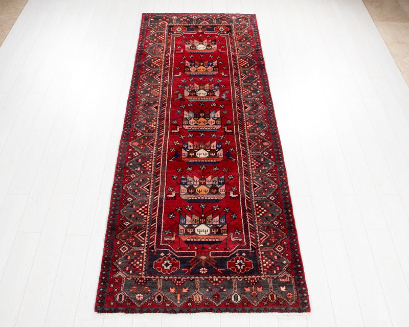 9' 6" x 3' 7" Excellent Hand-Knotted Vintage Red Soft Tribal Runner Rug - Yasi & Fara 