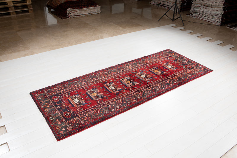 9' 6" x 3' 7" Excellent Hand-Knotted Vintage Red Soft Tribal Runner Rug - Yasi & Fara 
