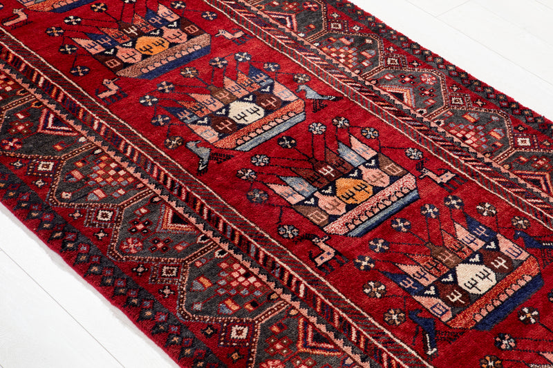 9' 6" x 3' 7" Excellent Hand-Knotted Vintage Red Soft Tribal Runner Rug - Yasi & Fara 