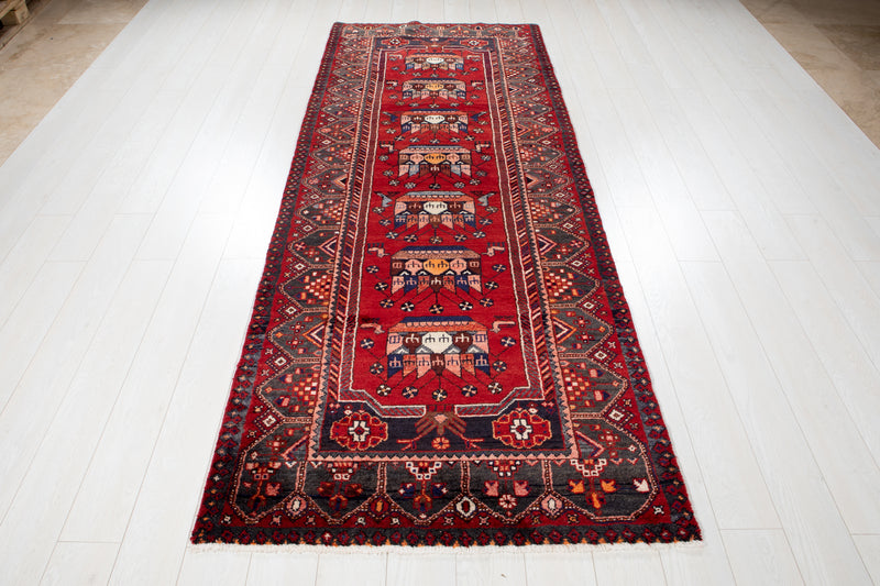 9' 6" x 3' 7" Excellent Hand-Knotted Vintage Red Soft Tribal Runner Rug - Yasi & Fara 