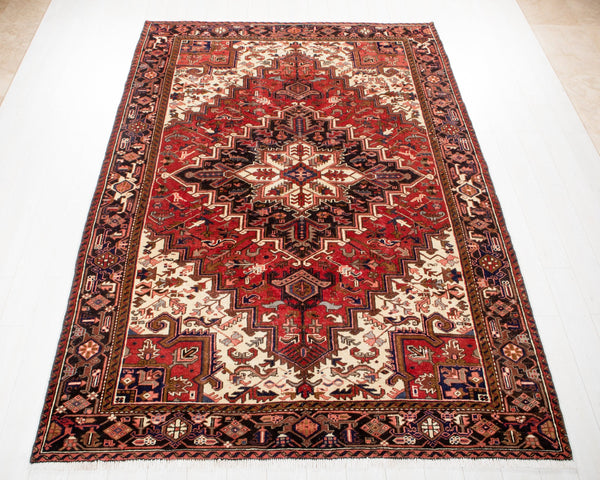 9' 7" x 6' 10" Excellent Hand-Knotted Vintage Red Geometric Area Rug - Yasi & Fara 