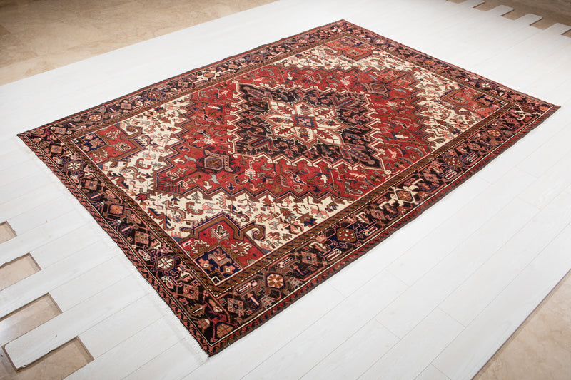 9' 7" x 6' 10" Excellent Hand-Knotted Vintage Red Geometric Area Rug - Yasi & Fara 