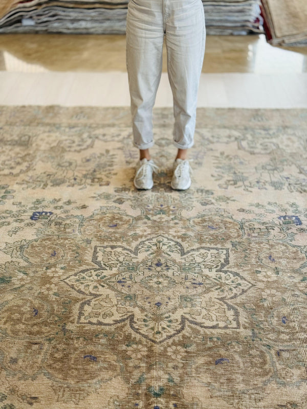 12' 4" x 9' 10" Excellent Hand-Knotted Neutral Faded Large Area Rug - Yasi & Fara 