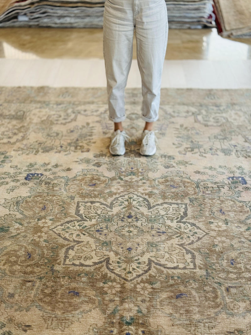 12' 4" x 9' 10" Excellent Hand-Knotted Neutral Faded Large Area Rug - Yasi & Fara 