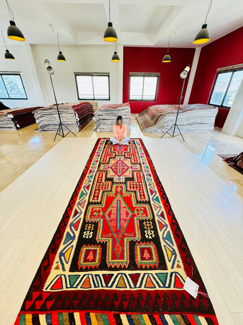 14' x 5' 2" Excellent Handwoven Vintage Tribal Kilim Rug - Yasi & Fara 