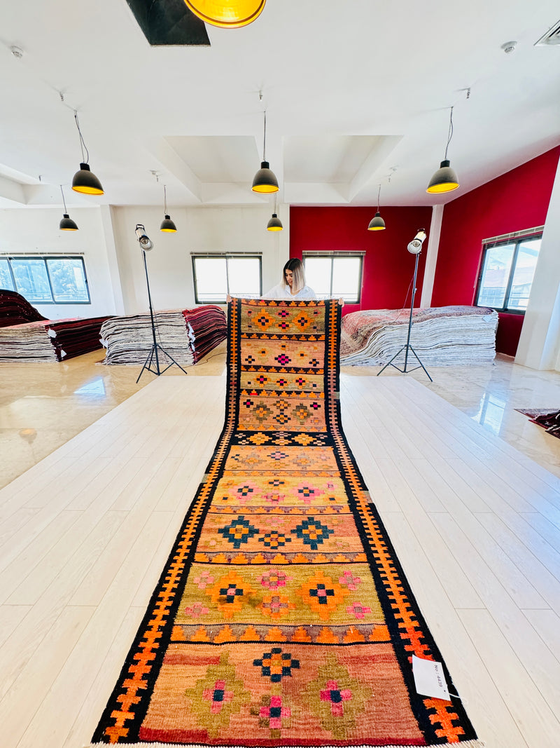 11' 7" x 4' Excellent Handwoven Vintage Tribal Kilim Runner Rug - Yasi & Fara 