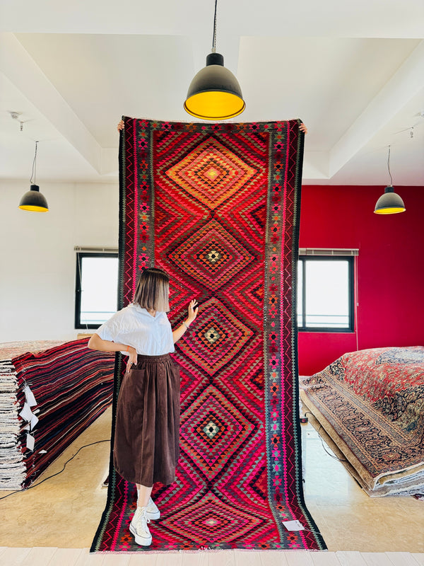 11' 3" x 4' 8" Excellent Handwoven Vintage Tribal Kilim Rug - Yasi & Fara 