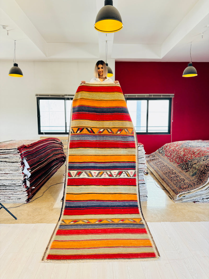 10' 10" x 4' 2" Excellent Handwoven Vintage Nomadic Kilim Runner Rug - Yasi & Fara 
