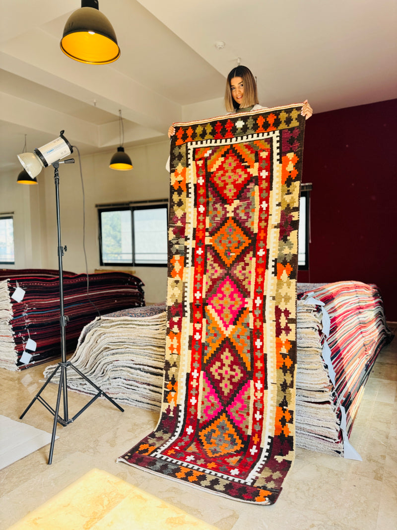 9' x 3' 4" Excellent Handwoven Vintage Tribal Kilim Runner Rug