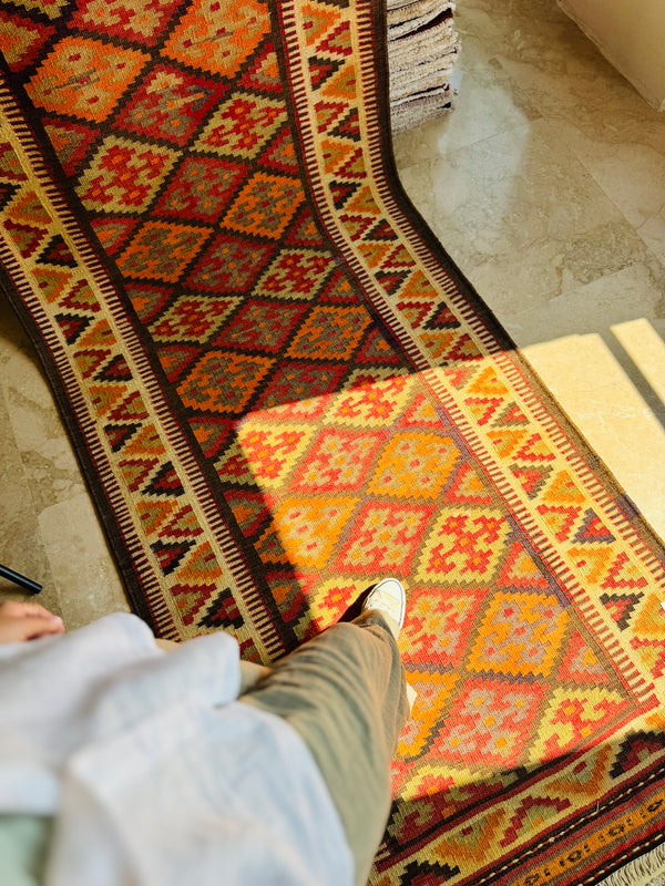 10' 7" x 3' 9" Excellent Handwoven Vintage Tribal Kilim Runner Rug