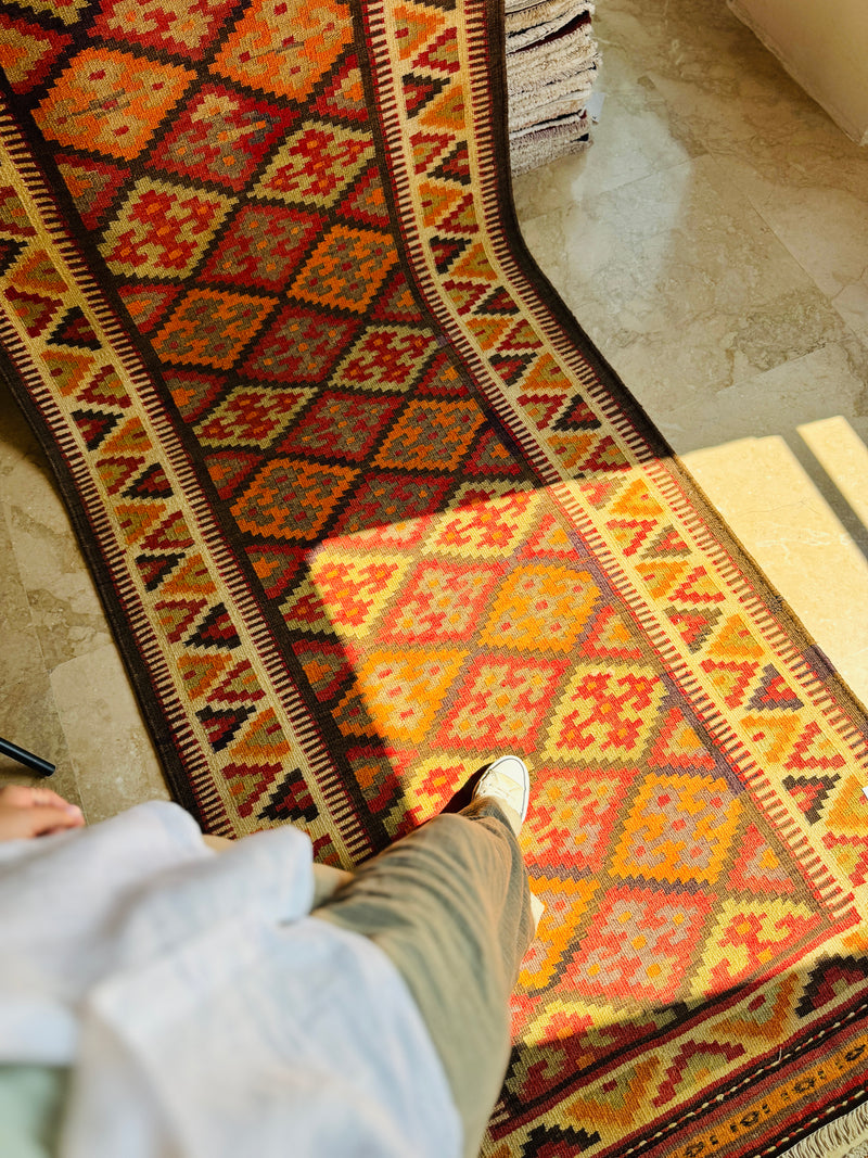 10' 7" x 3' 9" Excellent Handwoven Vintage Tribal Kilim Runner Rug