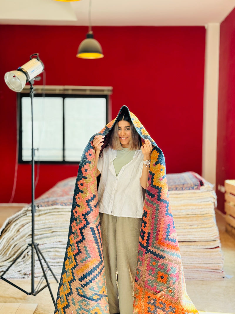 12' 1" x 3' 10" Excellent Handwoven Vintage Tribal Kilim Runner Rug