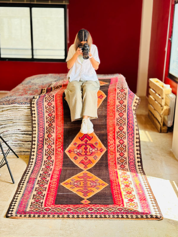 12' 2" x 5' 2" Excellent Handwoven Vintage Tribal Kilim Rug