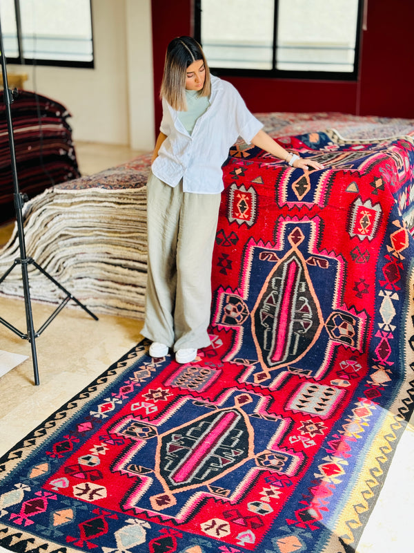 12' 1" x 5' Excellent Handwoven Vintage Tribal Kilim Rug