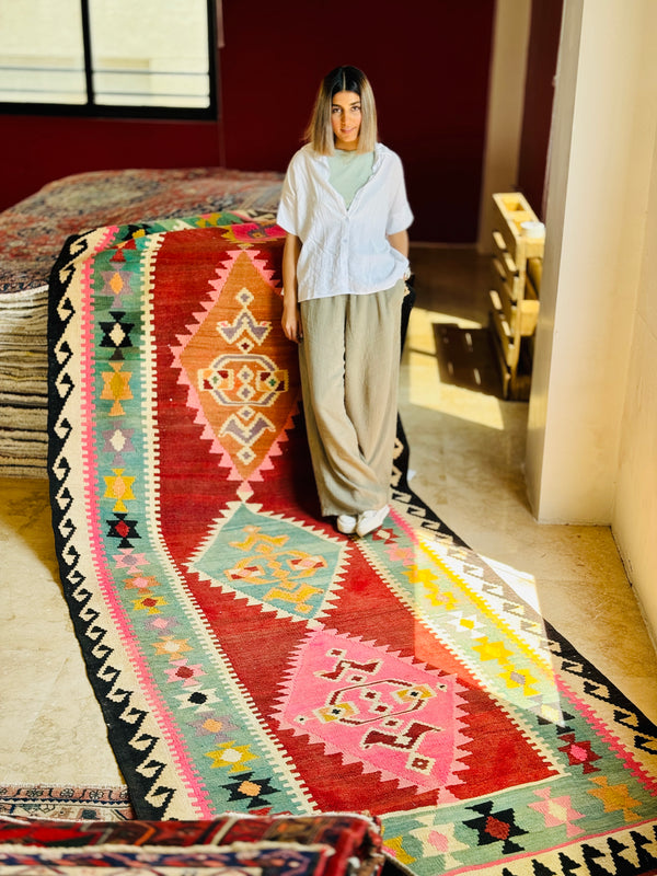 13' 3" x 4' 10" Excellent Handwoven Vintage Tribal Kilim Rug