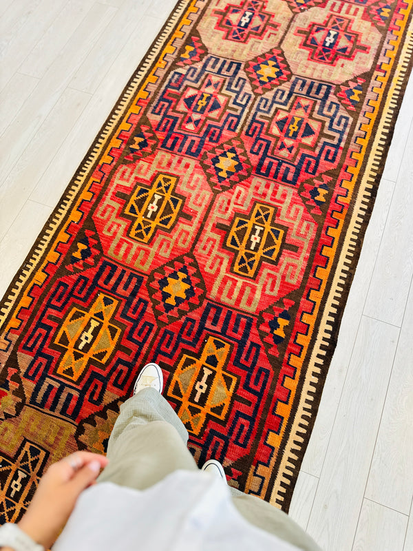 11' 4" x 4' 2" Excellent Handwoven Vintage Tribal Kilim Runner Rug