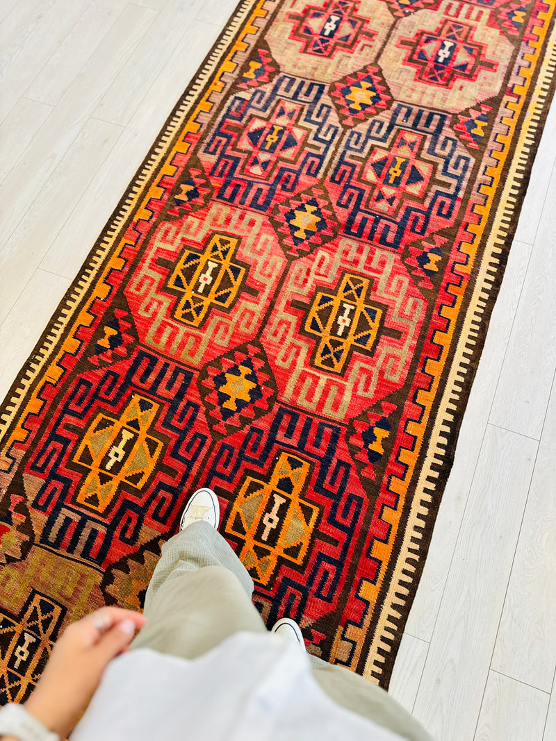 11' 4" x 4' 2" Excellent Handwoven Vintage Tribal Kilim Runner Rug