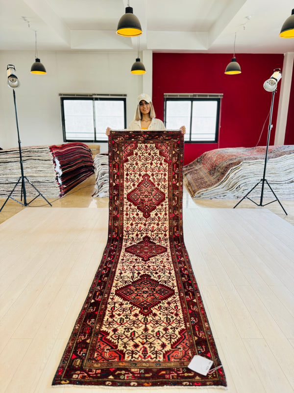 10' 6" x 2' 11" Excellent Hand-Knotted Vintage Tribal Runner Rug - Yasi & Fara 