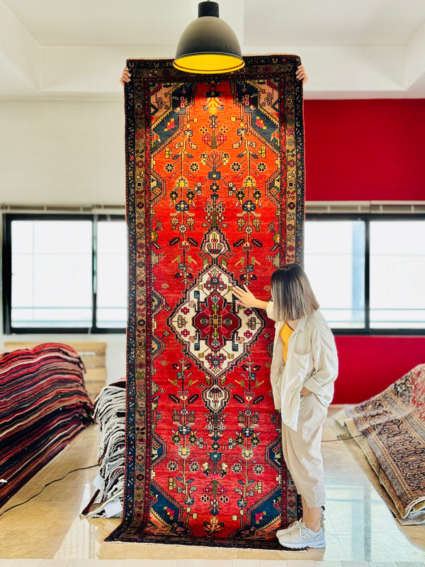 10' 8" x 3' 8" Excellent Hand-Knotted Vintage Tribal Runner Rug - Yasi & Fara 