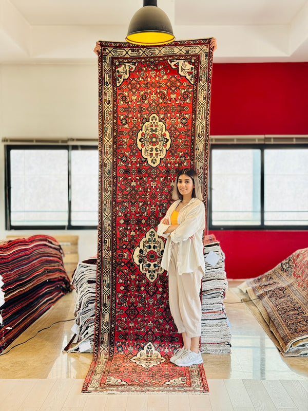 12' 7" x 3' 4" Excellent Hand-Knotted Vintage Tribal Runner Rug - Yasi & Fara 