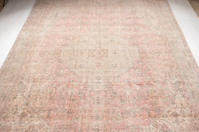 12' 9" x 9' 10" Excellent Hand-Knotted Antique Neutral Faded Pink Large Area Rug - Yasi & Fara 