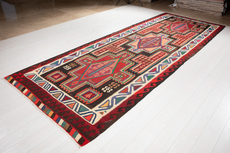 14' x 5' 2" Excellent Handwoven Vintage Tribal Kilim Rug - Yasi & Fara 