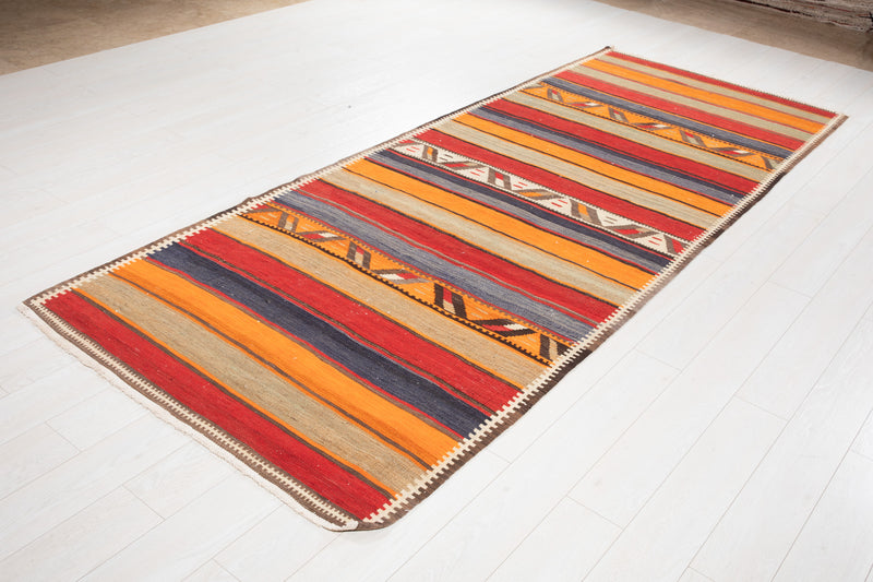 10' 10" x 4' 2" Excellent Handwoven Vintage Nomadic Kilim Runner Rug - Yasi & Fara 