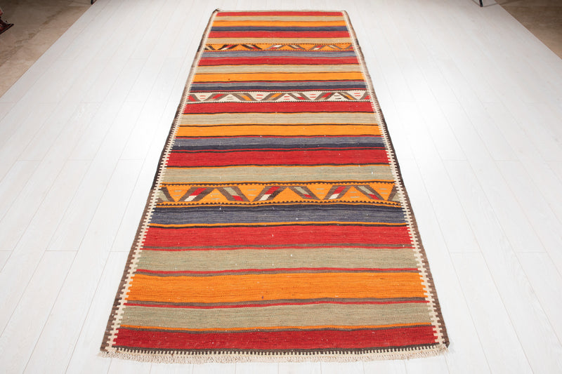 10' 10" x 4' 2" Excellent Handwoven Vintage Nomadic Kilim Runner Rug - Yasi & Fara 