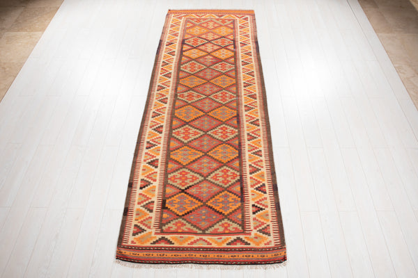 10' 7" x 3' 9" Excellent Handwoven Vintage Tribal Kilim Runner Rug