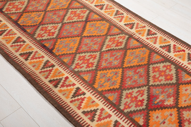 10' 7" x 3' 9" Excellent Handwoven Vintage Tribal Kilim Runner Rug