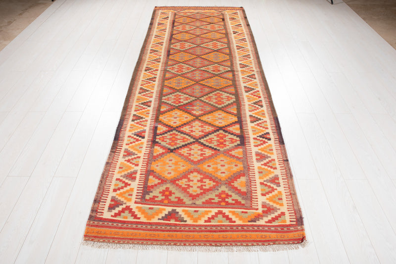 10' 7" x 3' 9" Excellent Handwoven Vintage Tribal Kilim Runner Rug