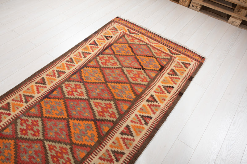 10' 7" x 3' 9" Excellent Handwoven Vintage Tribal Kilim Runner Rug