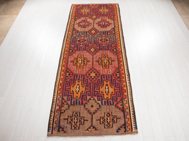 11' 4" x 4' 2" Excellent Handwoven Vintage Tribal Kilim Runner Rug