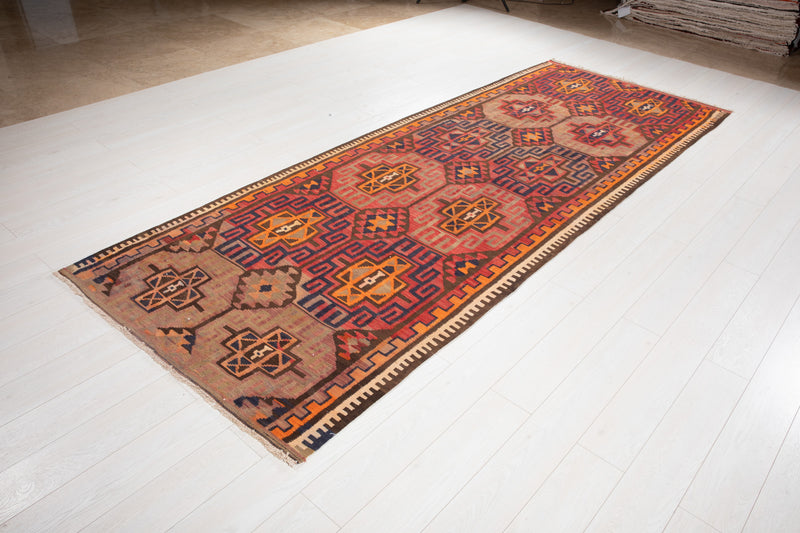 11' 4" x 4' 2" Excellent Handwoven Vintage Tribal Kilim Runner Rug