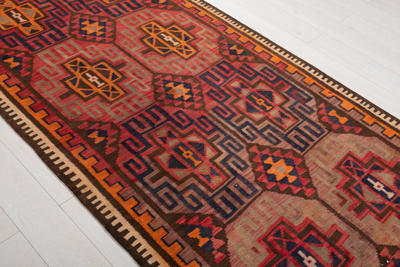 11' 4" x 4' 2" Excellent Handwoven Vintage Tribal Kilim Runner Rug