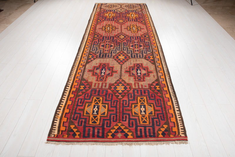 11' 4" x 4' 2" Excellent Handwoven Vintage Tribal Kilim Runner Rug