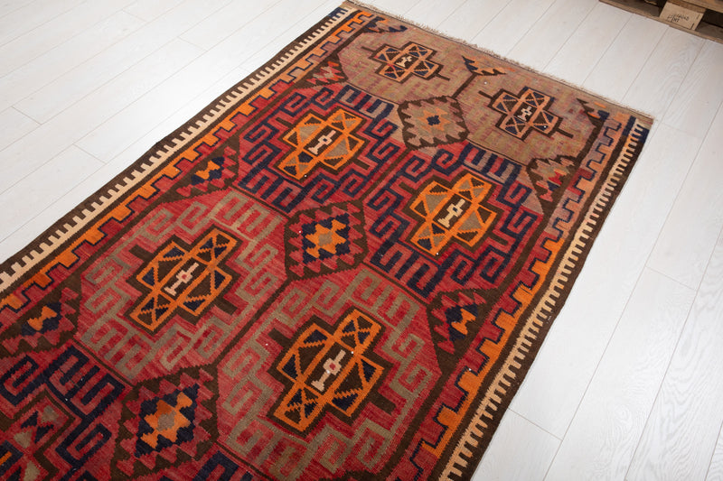 11' 4" x 4' 2" Excellent Handwoven Vintage Tribal Kilim Runner Rug