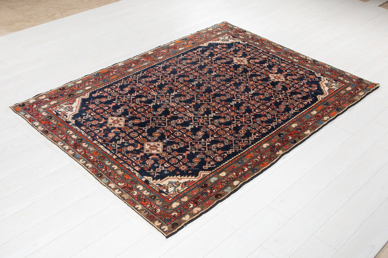 7' 4" x 5' 4" Excellent Hand-Knotted Antique Collectible Navy Blue Tribal Rug - Yasi & Fara 