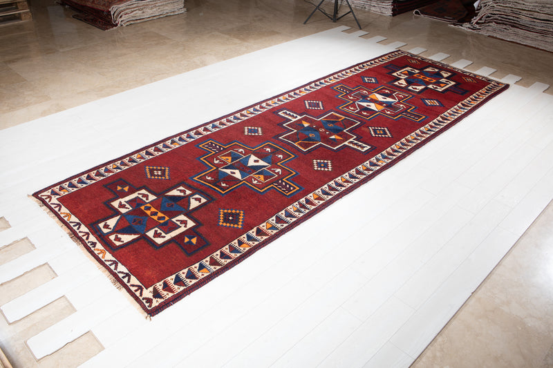 14' 1" x 4' 9" Excellent Hand-Knotted Vintage Red Soft Wide Tribal Runner Rug - Yasi & Fara 