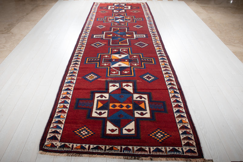 14' 1" x 4' 9" Excellent Hand-Knotted Vintage Red Soft Wide Tribal Runner Rug - Yasi & Fara 