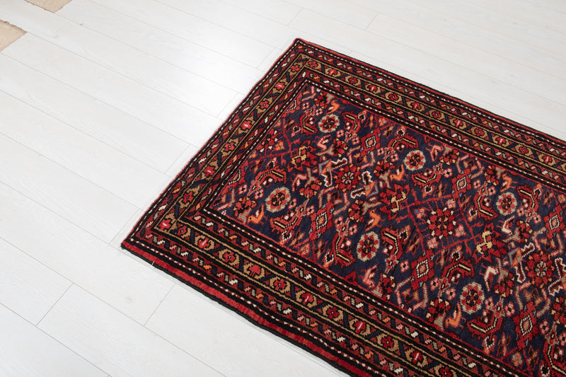 9' 8" x 3' 8" Excellent Hand-Knotted Vintage Dark Navy Blue Tribal Runner Rug - Yasi & Fara 